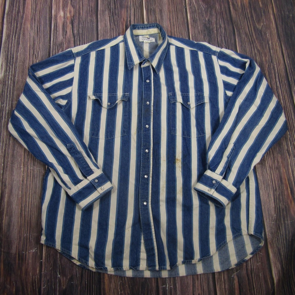 Vintage Drysdales Shirt Mens XL Blue Striped Long Sleeve Western Snap Pockets